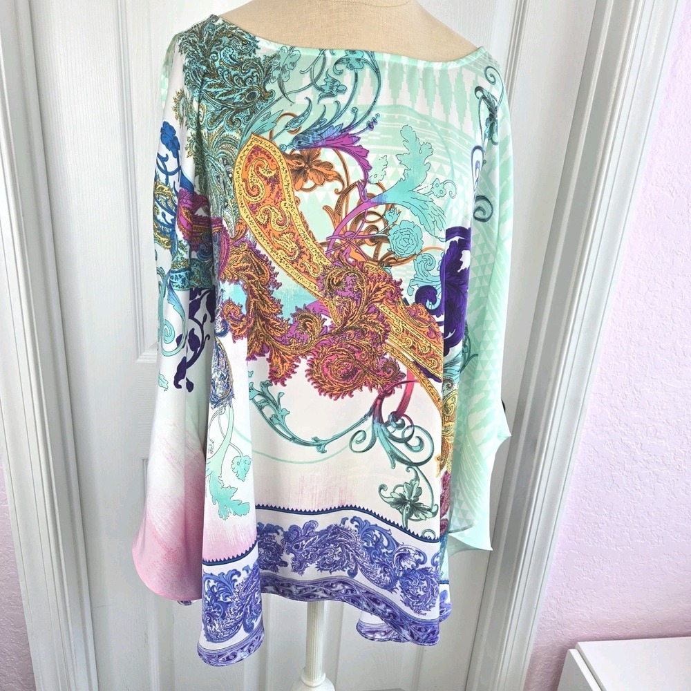 Chico's Paisley Prism Julie Cold Shoulder Poncho Tunic Top Size L/XL Blouse